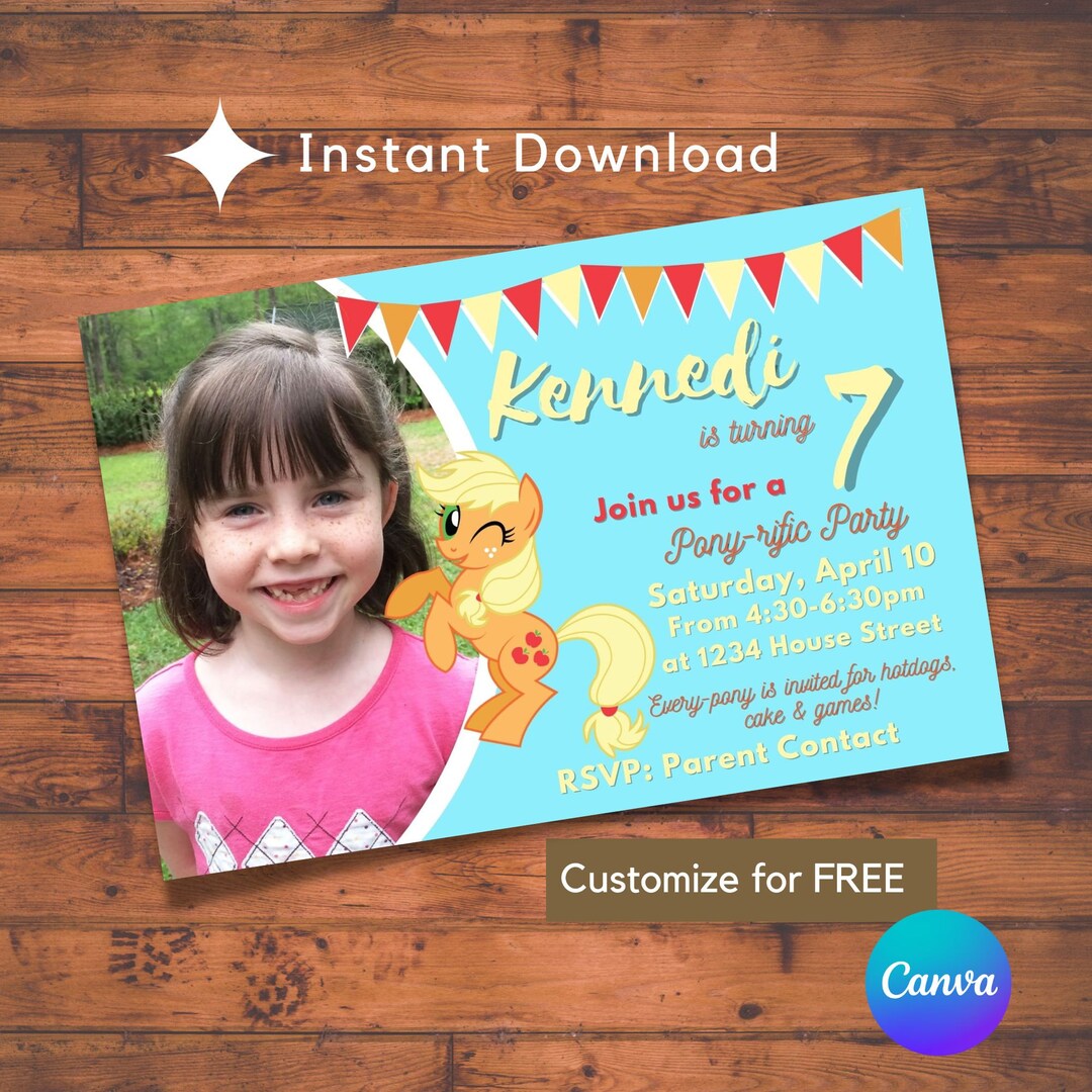 Kid Birthday Photo Invitation Template My Little Pony Birthday 4 X 6 Photo Card Editable