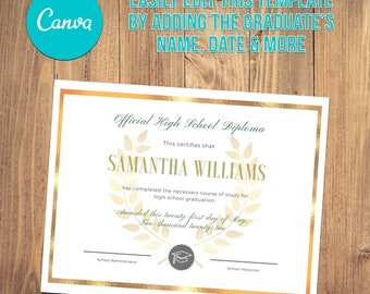 Editable Diploma Template, Homeschool Diploma, Printable High School Diploma, Personalized Graduation Diploma