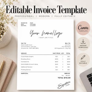 May include: An editable invoice template document featuring black text on a white background. The layout includes sections for invoice number, date, due date, pay to and bill to details, a service list with unit prices, quantities, totals, and a signature line.