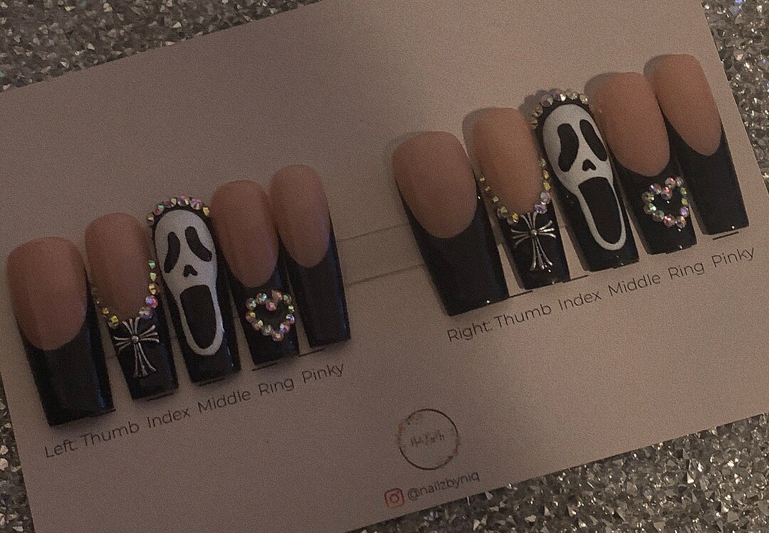 Scream/ghostface Black French Tip Halloween Bling Nails Etsy