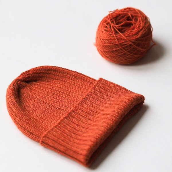 Rust/ Burnt Orange Beanie Hat for Adults. 100% Alpaca - Handcrafted in Switzerland. Knitted unisex 2 x 2 ribbed beanie.