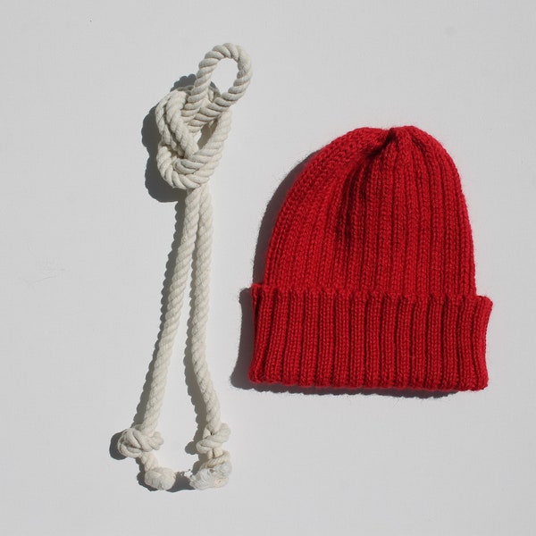 Red Zissou Style Beanie Hat Made from 100% Alpaca/ Bright Red Children's Watch Cap. Handcrafted in Switzerland