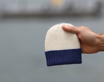Navy and Cream Beanie Hat Made from 100% Alpaca/ Blue and Cream Baby Watch Cap. Handcrafted in Zurich, Switzerland