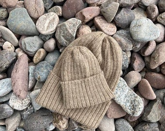 Cappuccino matching parent & child beanie set of 2 hats. 100% Alpaca - Handcrafted in Switzerland. Twinning knitted watch caps.