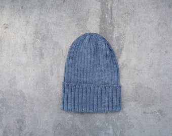 Fog Blue Beanie hat for babies and children made from 100% alpaca. Newborn Watch Cap. Knitted Hat Handcrafted in Switzerland