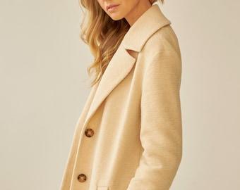 Classic Minimalist Wool Coat Women Beige