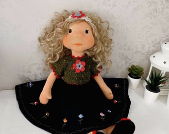 Handmade Waldorf Doll with Blonde Curly Hair - 3 Clothing Sets - Birthday Gift for Girls