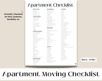 PRINTABLE Moving Checklist for Apartment | Black + White | Print, Goodnotes, Notability, etc.