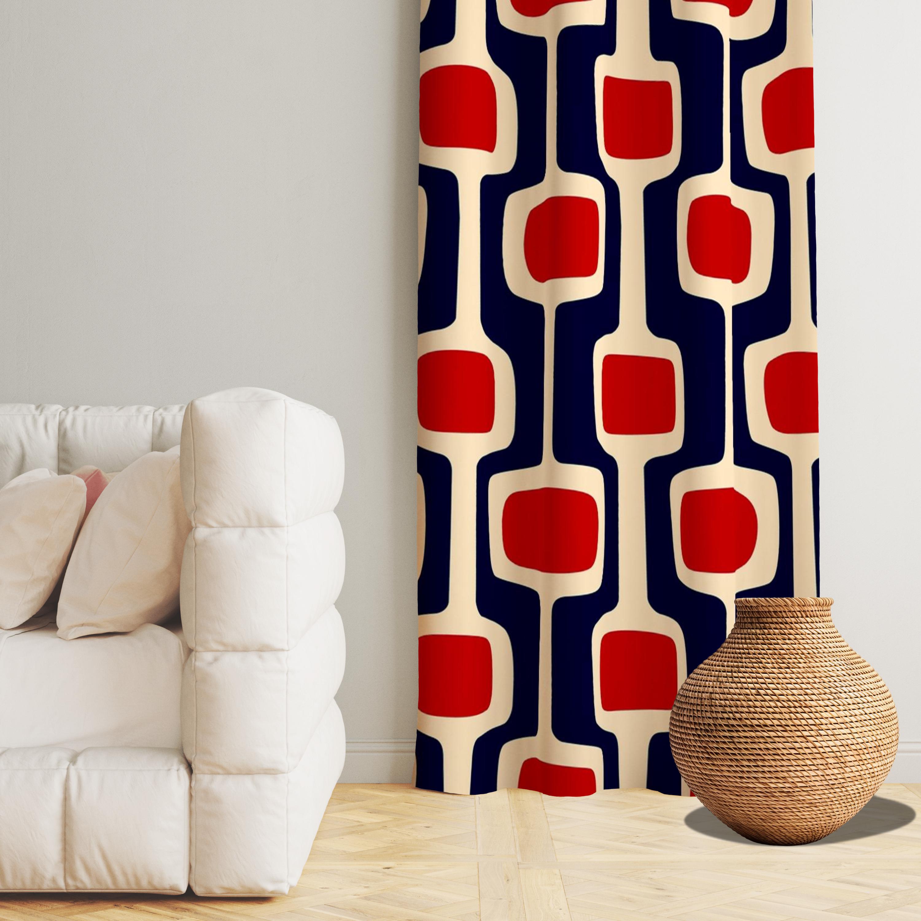 Retro Mid Century Vorhang, nahtlose Muster-moderne Kunst drapieren, rot marineblau geometrische Volants, einzigartige Fensterbehandlung, Vorhang in kundenspezifischer Größe
