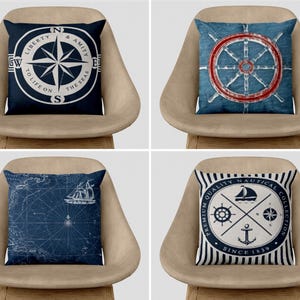 Housse de coussin nautique, housse de coussin maritime, housse de coussin boussole, taie d'oreiller pour roue de bateau et voilier, taie d'oreiller vintage, décor nautique