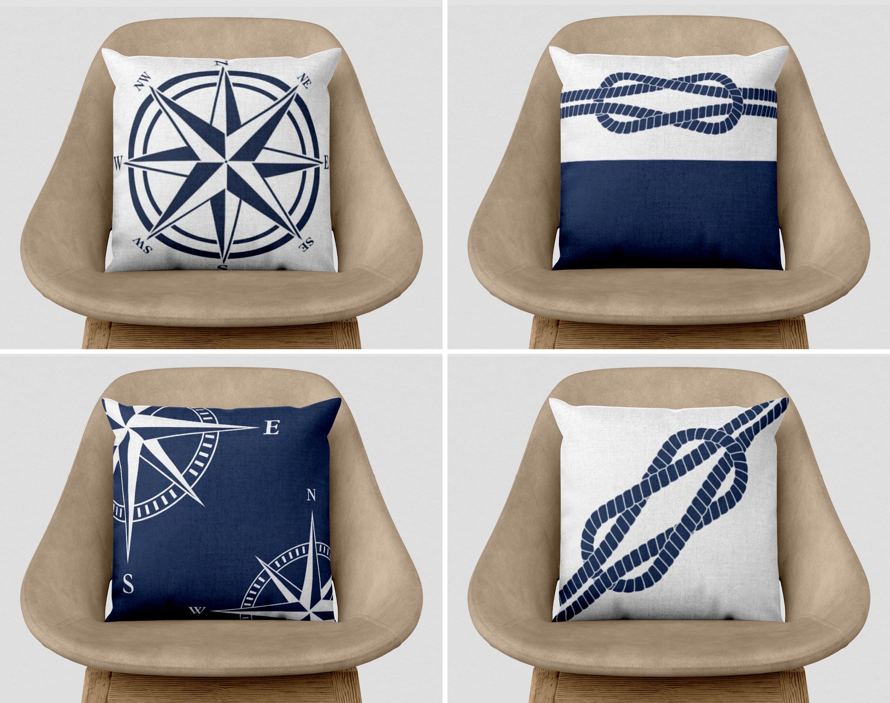 Nautical Pillow Case, Compass Cushion Cover, Nautical Knot Pillowcase, Navy Blue & White Cushion Covers, Marine Pillow Sham, Coastal Deco