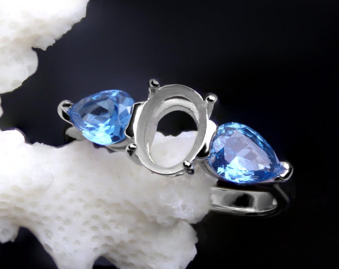 Silver Ring Blank 6x8mm Prong Setting Mounting Blue CZ Side DIY Jewelry