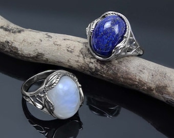 925 Silver Hand-Made Ring with Moonstone and Lapis Lazuli, stone 10 x 14 mm