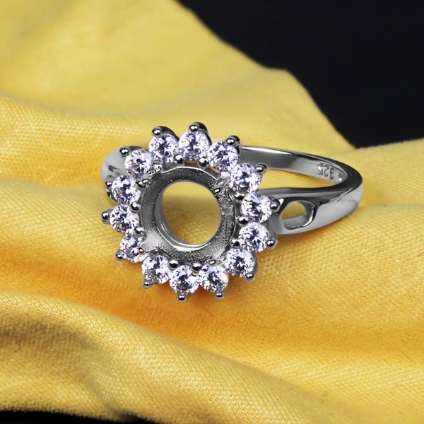 Ring Blank Sterling, 4,2 g 925 Silver, Ring Base, Stone: 8mm, Halo Style, High quality setting White CZ,