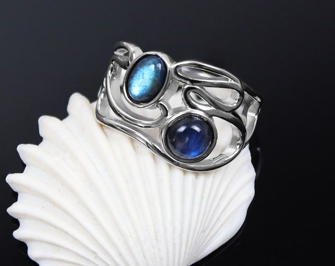 925 Silver ring with gemstones : Rainbow Moonstone, Labradorite, Lapis Lazuli, Amethyst, Rose Quartz,