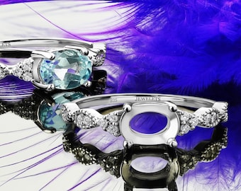 Sterling Silver Ring Blank – 5x7mm Oval Setting with 10 CZ Side Stones – Rhodium Plated Semi Mount for Cabochon or Gemstone Ring