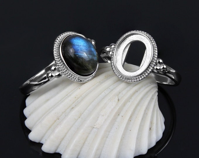 Ring Blank, 8x10mm, Sterling Silver 925,  Rhodium Plated, Bezel Setting Ring Mounting