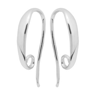 May include: A pair of silver-toned earring hooks with a smooth, curved design. The hooks are made of metal and have a polished finish.