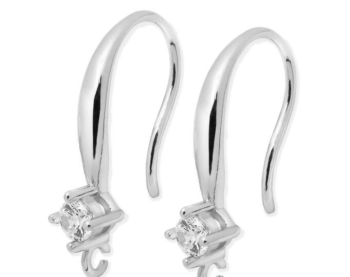 Earring Hooks, 925 Sterling Silver, Cubic Zirconia, Decorative Element, 19 mm Long, Rhodium plated,