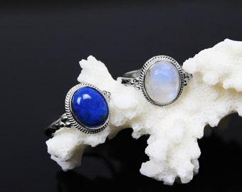 925 Silver Ring with Genuine Rainbow Moonstone and Lapis Lazuli,  stone :oval  8x10 mm, AAA