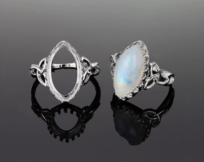 Sterling Silver Ring Blank – 8x16mm Marquise Bezel Setting, Celtic Knot Design, Rhodium Plated, DIY Cabochon Ring Base