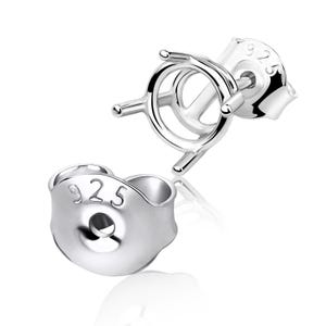 May include: Close-up of two silver earring components. One component is a post with a round setting and four prongs. The other component is a butterfly earring back with the number "925" stamped on it. The components are on a white background.