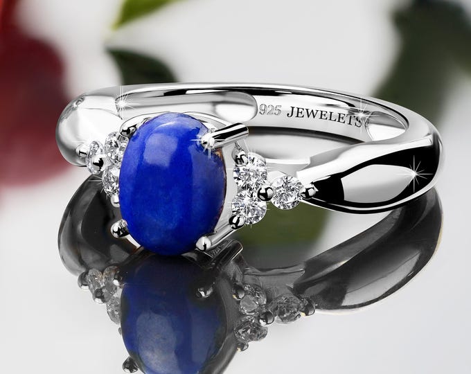 Lapis Lazuli Silver Ring 6x8mm with 6 CZ Side Stones – Oval Prong Setting | Rhodium Plated Sterling Silver