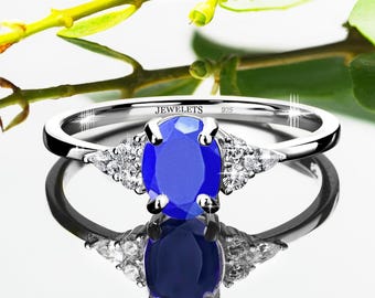 Lapis Lazuli Silver Ring 6x8mm with 6 CZ Side Stones – Oval Faceted Stone | Rhodium Plated Classic Style Jewelry for Men & Women