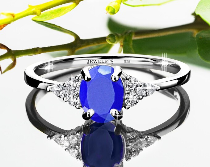 Lapis Lazuli Silver Ring 6x8mm with 6 CZ Side Stones – Oval Faceted Stone | Rhodium Plated Classic Style Jewelry for Men & Women