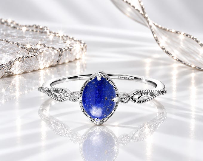 Natural Lapis Lazuli Ring – Rhodium Plated 925 Sterling Silver with Beaded Shank and 2 Cubic Zirconia Side Stones Gemstone Jewelry for Women