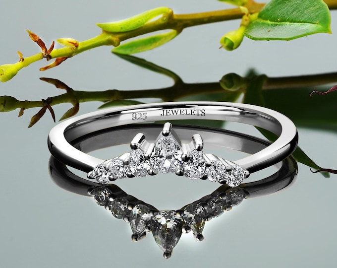 Silver 925 Ring Band 7 pcs AAA Cubic Zirconia Fine Jewelry Rhodium Plated Silver Crown Shape Band Stackable