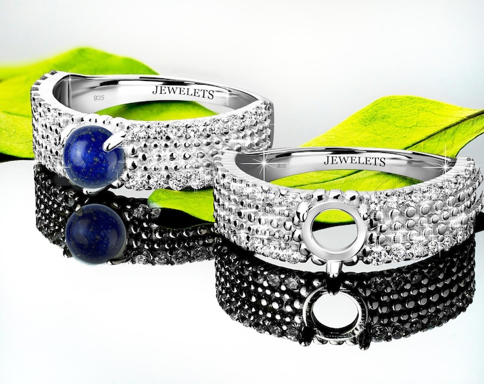 Sterling Silver 6 mm Round Ring Blank with Cubic Zirconia Shank, Semi Mount Band for Cabochon, DIY Jewelry Setting