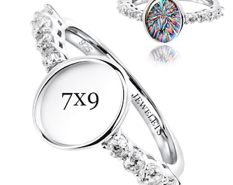 Bezel Cup Sterling Silver 7x9 mm Ring Blank – 8 CZ Side Stones | Beaded Shank | Rhodium Plated Cabochon Ring for Women