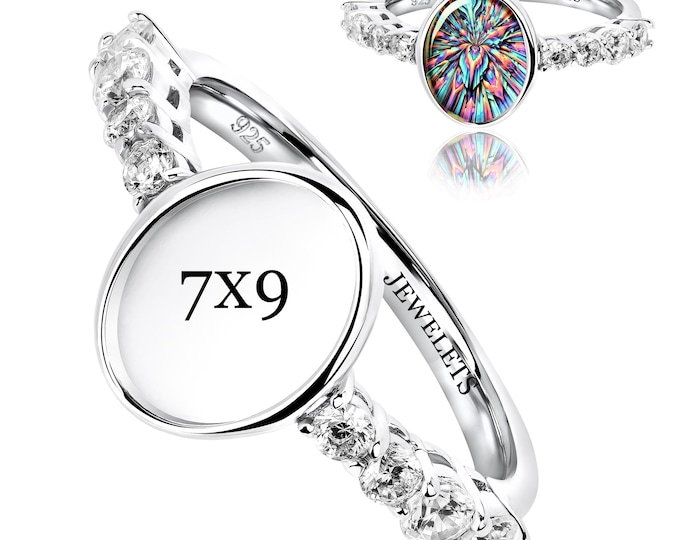 Bezel Cup Sterling Silver 7x9 mm Ring Blank – 8 CZ Side Stones | Rhodium Plated Cabochon Ring for Women