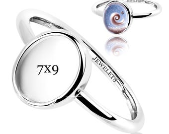 Bezel Cup 7x9 mm Ring Blank – Sterling Silver Oval  | Rhodium Plated Keepsake & Resin Art Jewelry Base | Minimalist Plain Style