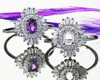 Silver Ring Blank 6x8 mm Halo 38 pcs Cubic Zirconia Fine Jewelry Rhodium Plated Silver