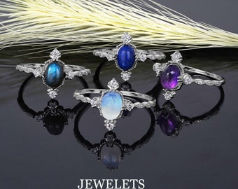 Gemstone Silver Ring, Center Stone: 5x7 mm, Halo 4 pcs CZ, Side Stone In Shank 6pcs CZ,