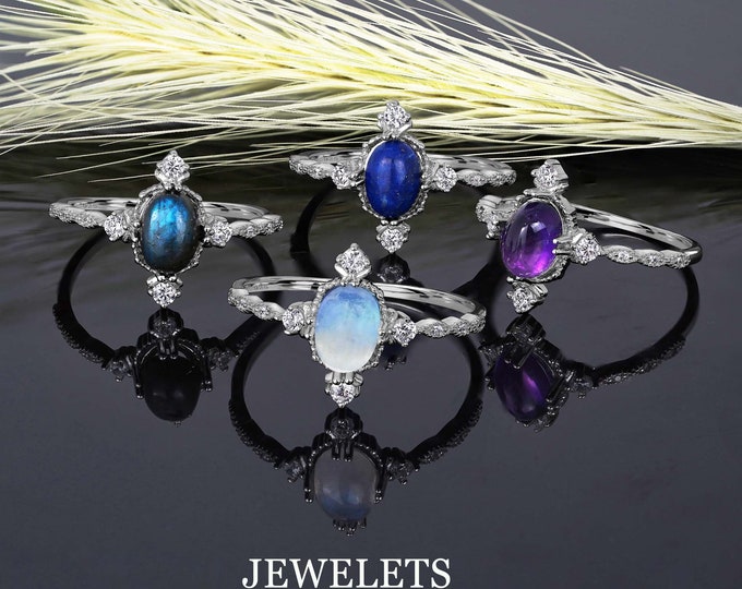 Gemstone Silver Ring, Center Stone: 5x7 mm, Halo 4 pcs CZ, Side Stone In Shank 6pcs CZ,