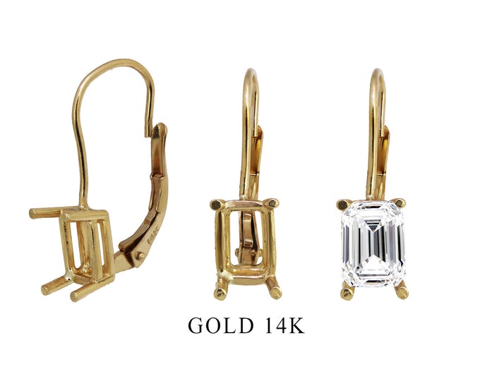 Gold Earring Leverback Blank for Stone Size 6x4,7x5,8x6 mm Emerald Or Rectangular