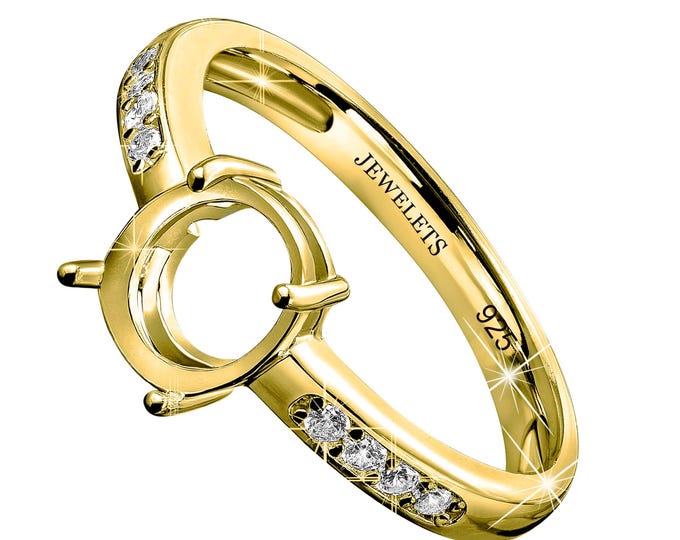 925 Silver Ring Blank – 6×8 mm Prong Setting | Gold Plated Semi Mount with 8 CZ Side Stones in Shank | Fine Jewelry Base for DIY Designs
