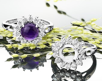 Sterling Silver 925 8 mm Ring Blank Round Prong Setting with CZ Halo – Rhodium Plated Cabochon Mounting Base for DIY Jewelry Making