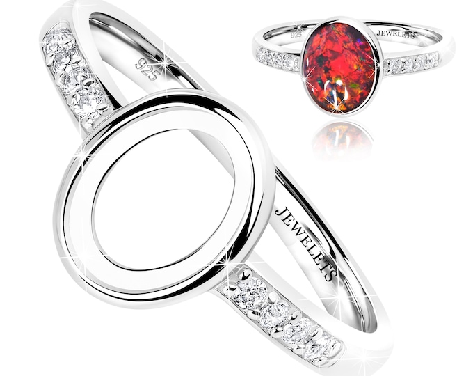 Sterling Silver Ring Blank – 7x9 mm Oval Bezel with 8 CZ Side Stones in Shank | Rhodium Plated Cabochon Mount for Women