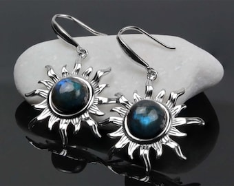 Stylish Silver Sun Earrings with Labradorite and Lapis Lazuli  Silver 925