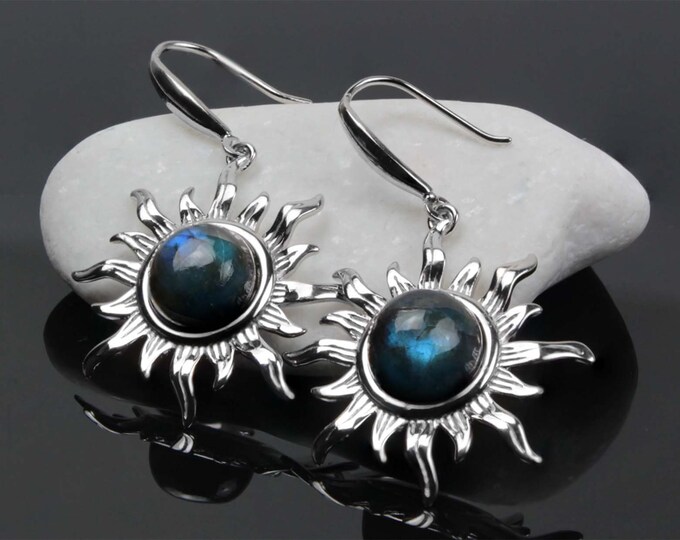 Stylish Silver Sun Earrings with Labradorite and Lapis Lazuli  Silver 925