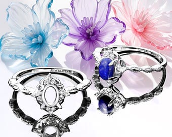 925 Sterling Silver Ring Blank 5x7 mm – Cabochon Setting with CZ Halo, Rhodium Plated, Subtle and Sophisticated Design for Women