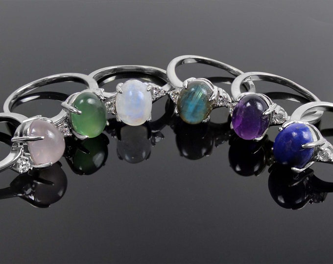 925 Silver ring with Moonstone,Labradorite,  Lapis Lazuli, Amethyst , Rose quartz , and Jade, stone 10 x 8 mm