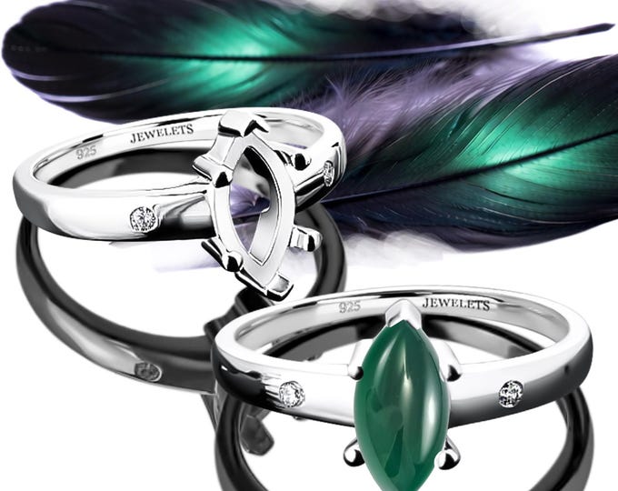 925 Sterling Silver 10x5 mm Ring Blank – Marquise Shape Cabochon Base with Two CZ Side Stones, Rhodium Plated, Heirloom Quality