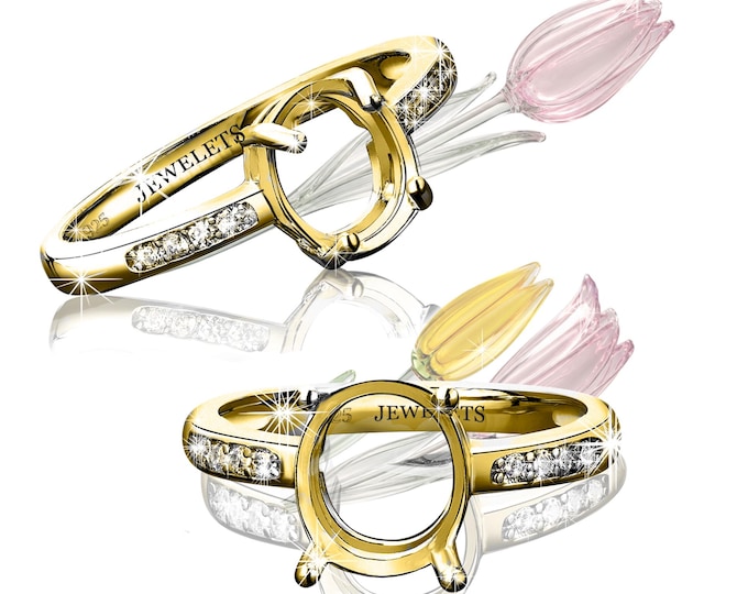 Gold Plated 925 Sterling Silver 8x10 mm Oval Ring Blank – Prong Setting with 8 CZ Shank Accents – Semi-Mount for Faceted Gemstones