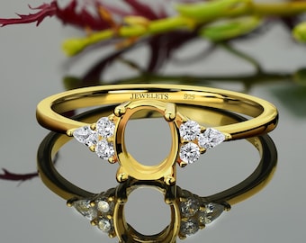 Sterling Silver Ring Blank with CZ Side Stones - 6x8mm Oval Prong Setting for Gemstone - Semi Mount DIY Jewelry Ring Base, Gold Plated