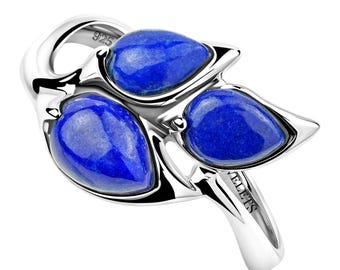 Lapis Lazuli Silver Ring – Nature-Inspired Leaf Design | 3 Pear-Shaped Natural Stones | Rhodium Plated Silver | Statement Ring for Women
